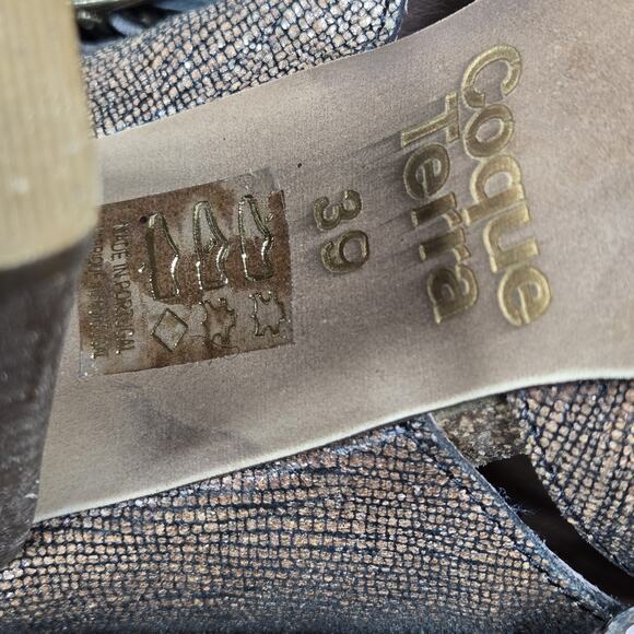 Anthro Coque Terra Sanne Heels Womens 39 Black Brown Shimmer Leather Sandals - Picture 13 of 14